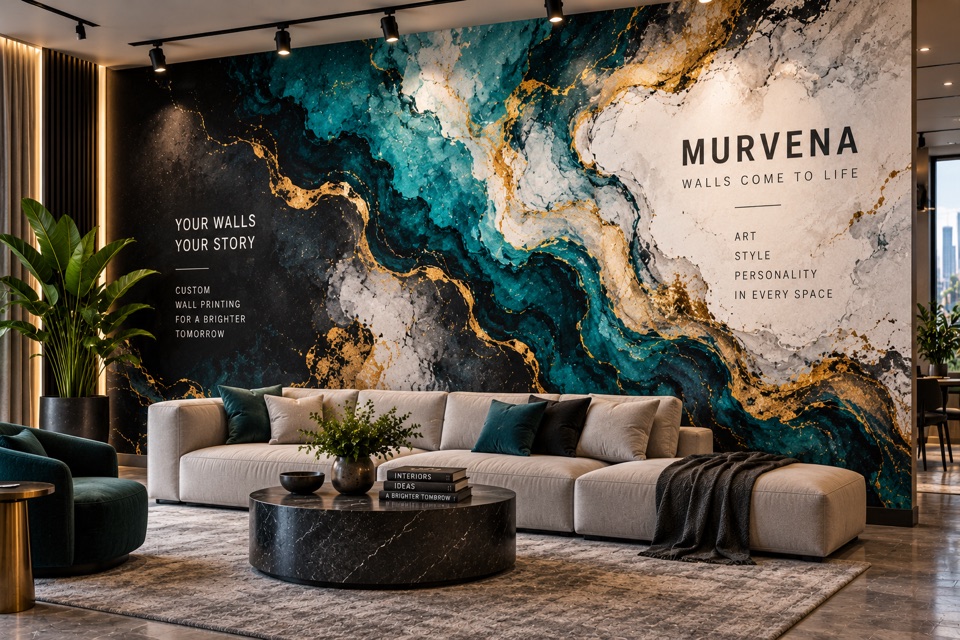 Concept lounge with an abstract teal, black and gold mural