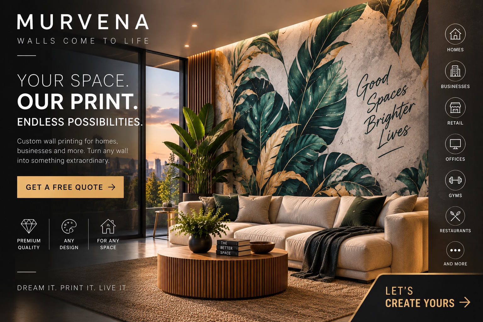 Concept visualization of a modern bedroom with a botanical feature wall