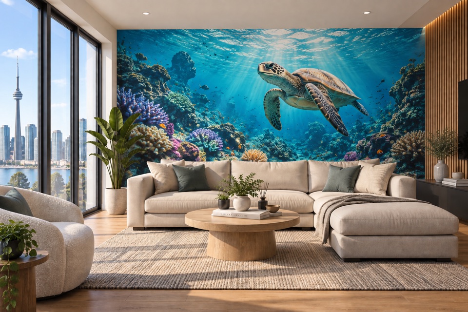 Concept living room with a vivid underwater turtle wall mural
