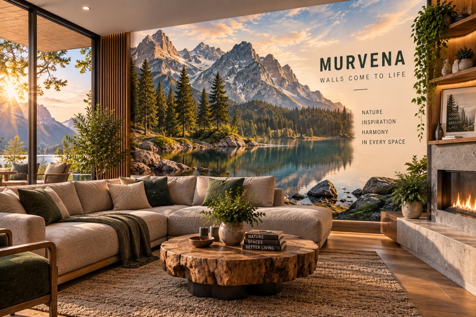 Concept living room with a mountain lake nature mural