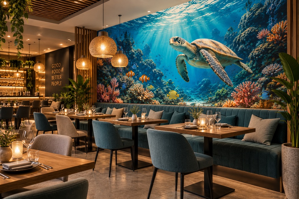Concept restaurant with a colourful sea turtle wall mural